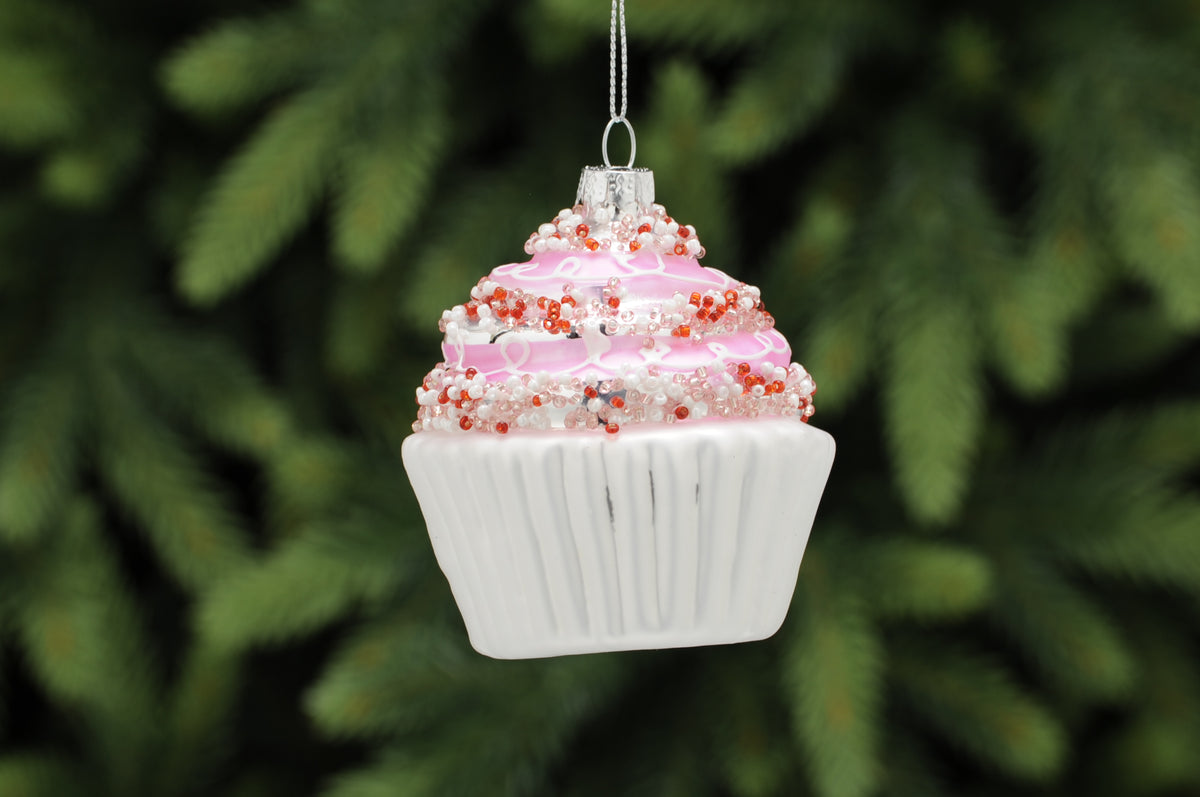 Festive Matt Glass Pink and White Cupcake Hanging Decoration - 8cm