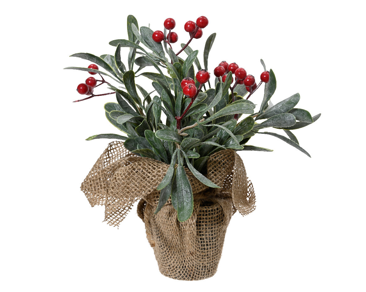 Green Potted Artificial Plant with Shiny Red Foam Berries - 23cm