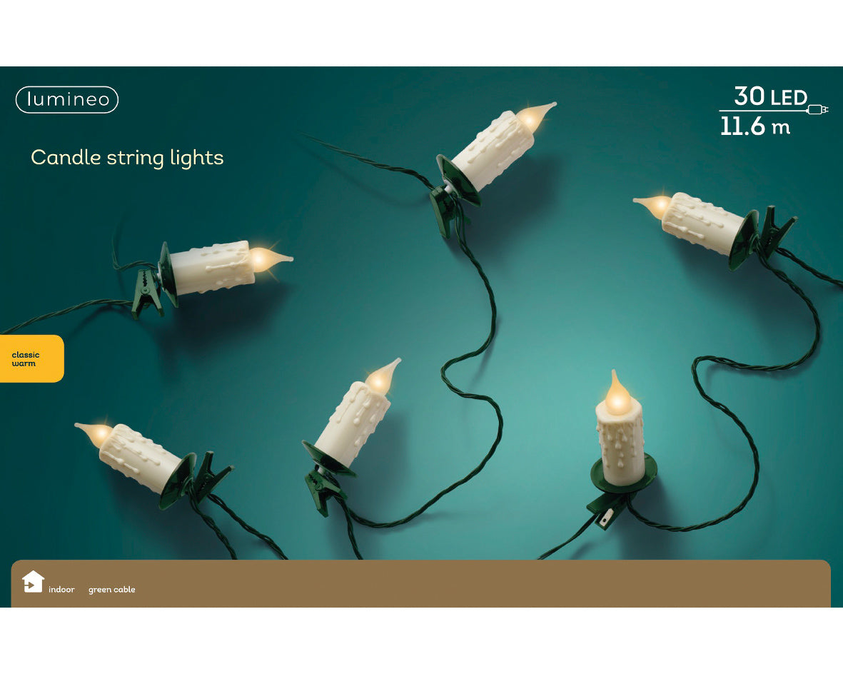 Vintage Warm White Candle Clip on String Lights with Green Cable- 30 LEDs