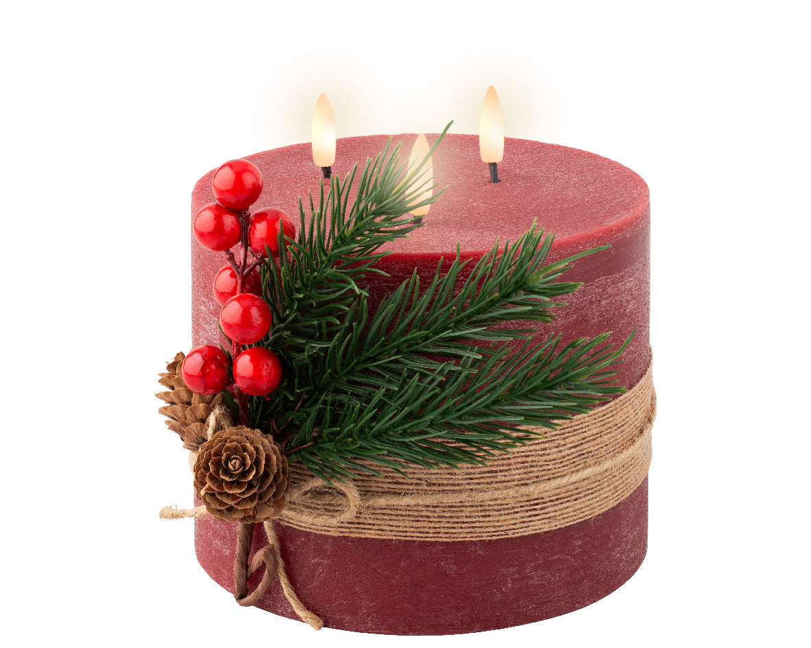 Large Light Up Oxblood Red 3 Wick Wax Candle with Berries & Jute Ribbon - 15cm