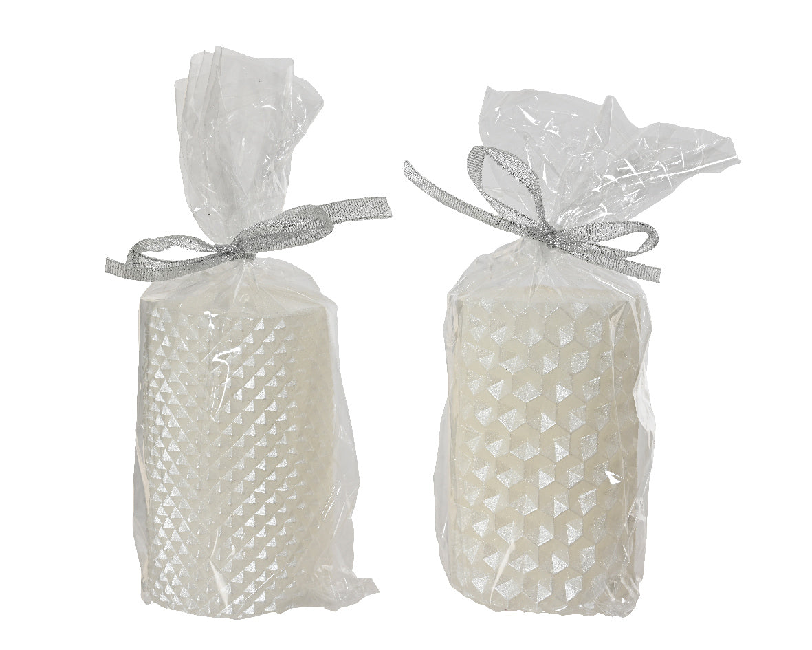 Winter White Gift Wrapped Metallic Pillar Candle