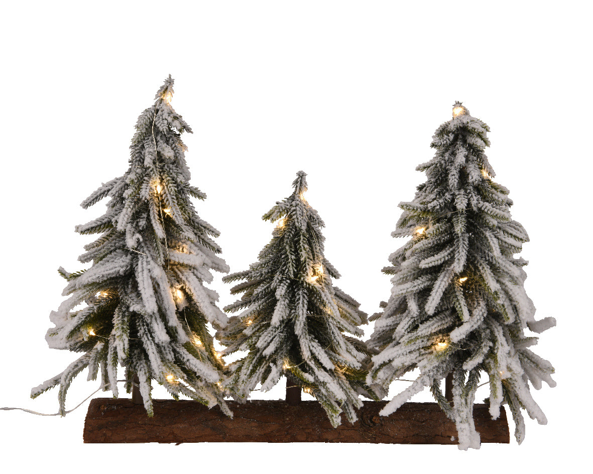 Light Up Trio or Mini Snowy Trees in Log Table Decoration with Warm White LEDs