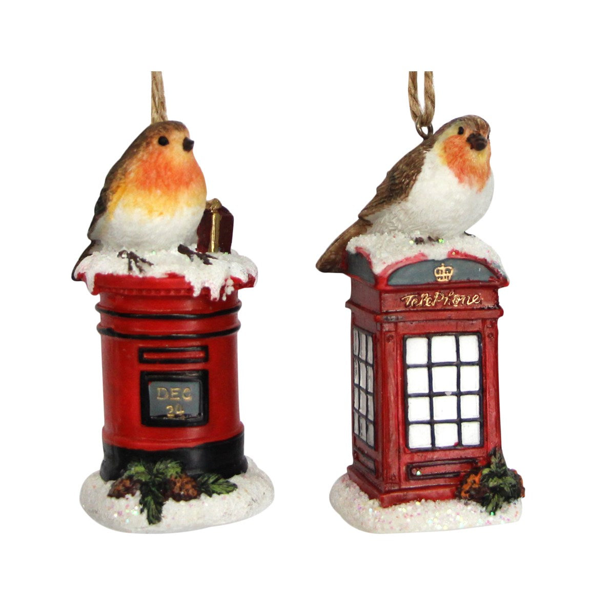 Gisela Graham - Resin Robin on Letter or Phone Box Christmas Hanging Decoration Single- 9cm