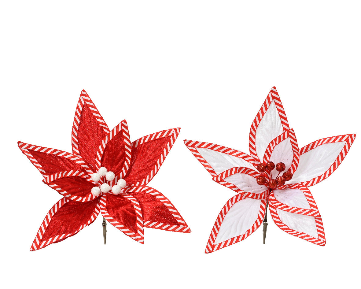 Red and White Candy Cane Clip On Polyester Flower