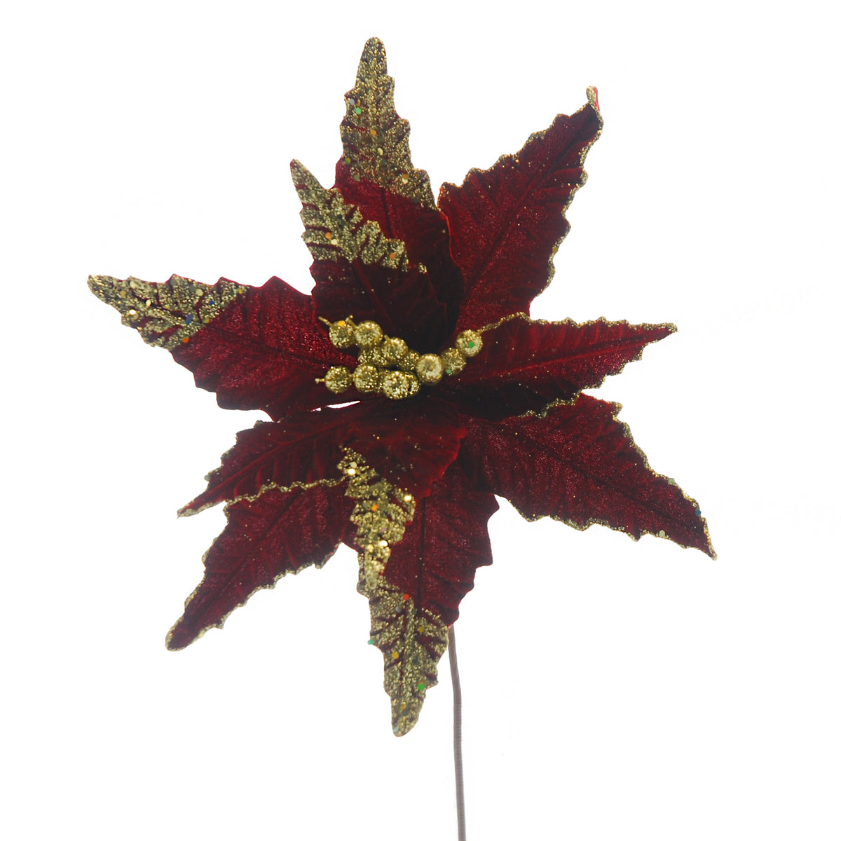 Burgundy Poinsettia with Gold Glitter Stem - 51cm