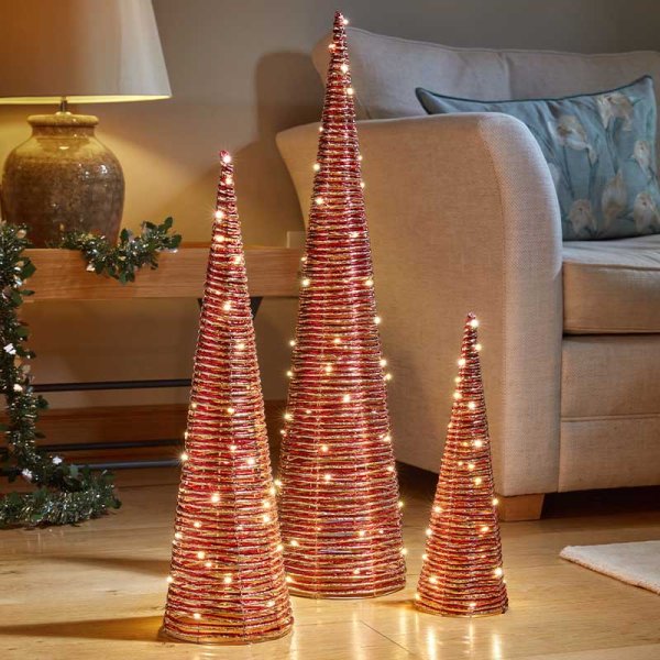 RedGold Braid Light Up TreeBelisks - Set of 3