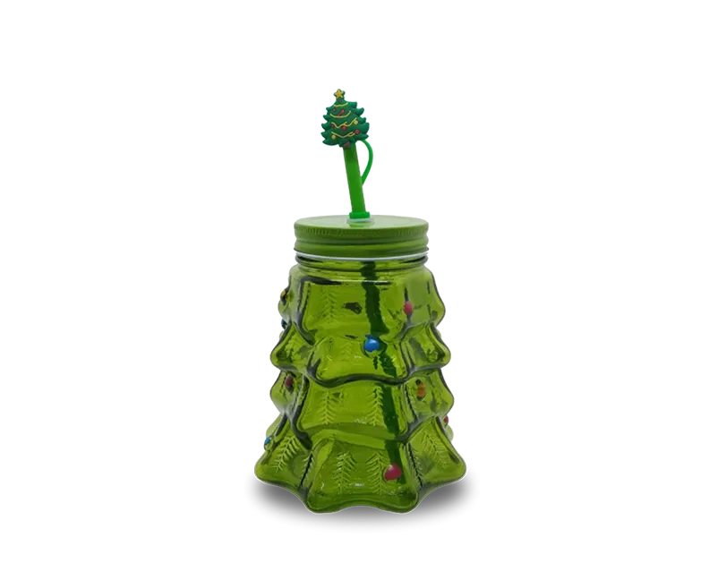Christmas Tree Glass Cup with Straw 550ml