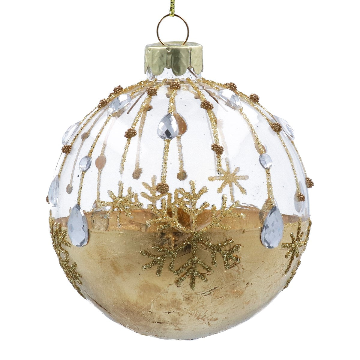 Gisela Graham - Clear & Gold Jewelled Stripe Glass Ball Bauble - 8cm