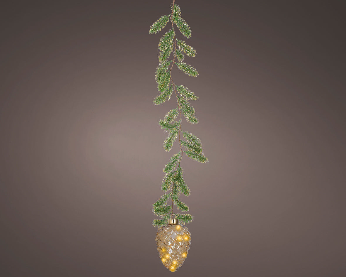 Micro LED Classic Warm Amber Glass Pinecone with Garland Hanger  - 15cm 15 LEDs