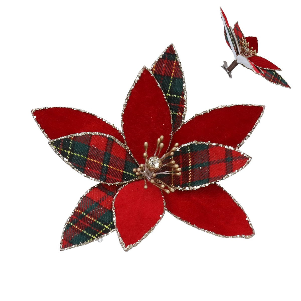 Gisela Graham - Red Tartan Gold Glitter Fabric Poinsettia Clip- 15cm