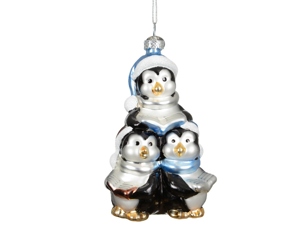 Singing Penguin Family Glass Christmas Bauble - 10.2cm