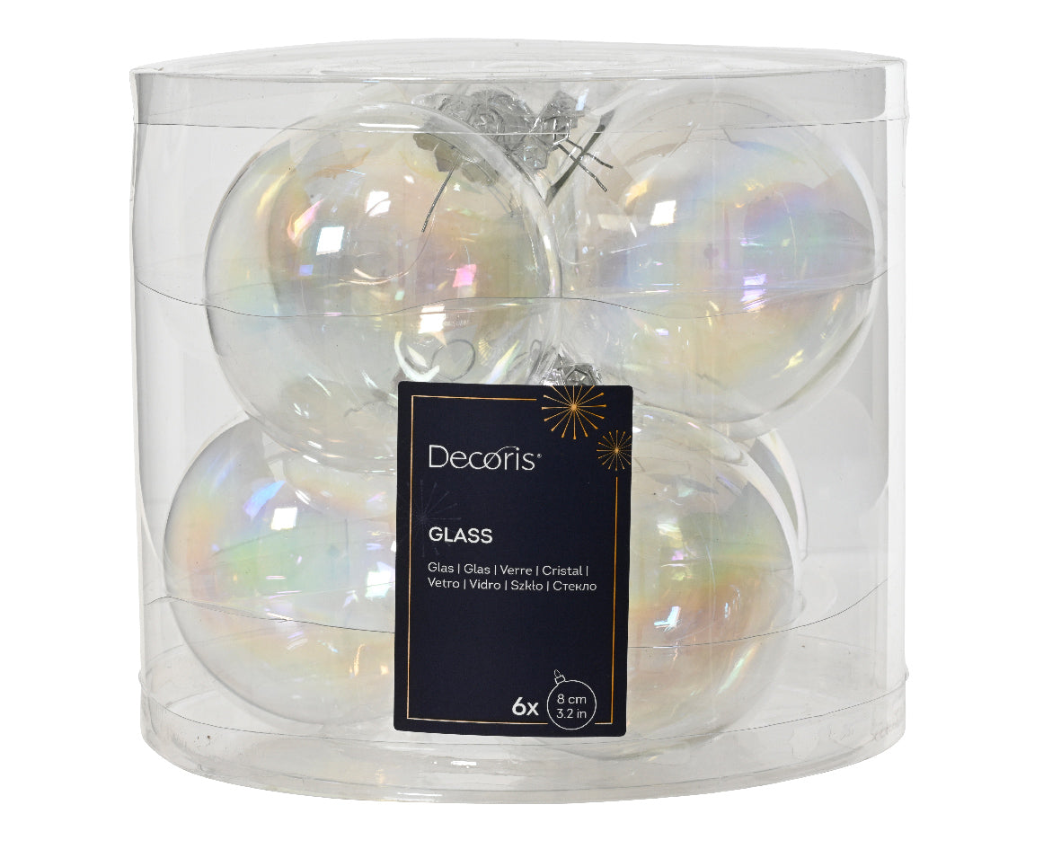 Clear Transparent Iridescent 8cm Glass Baubles - Box of 6