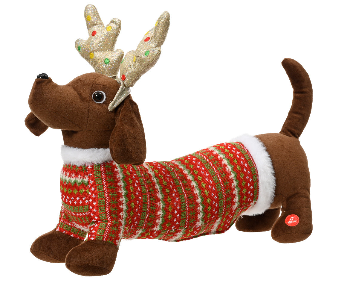 Singing & Dancing Animated Dachshund Sausage Dog with Antlers & Christmas Jumper