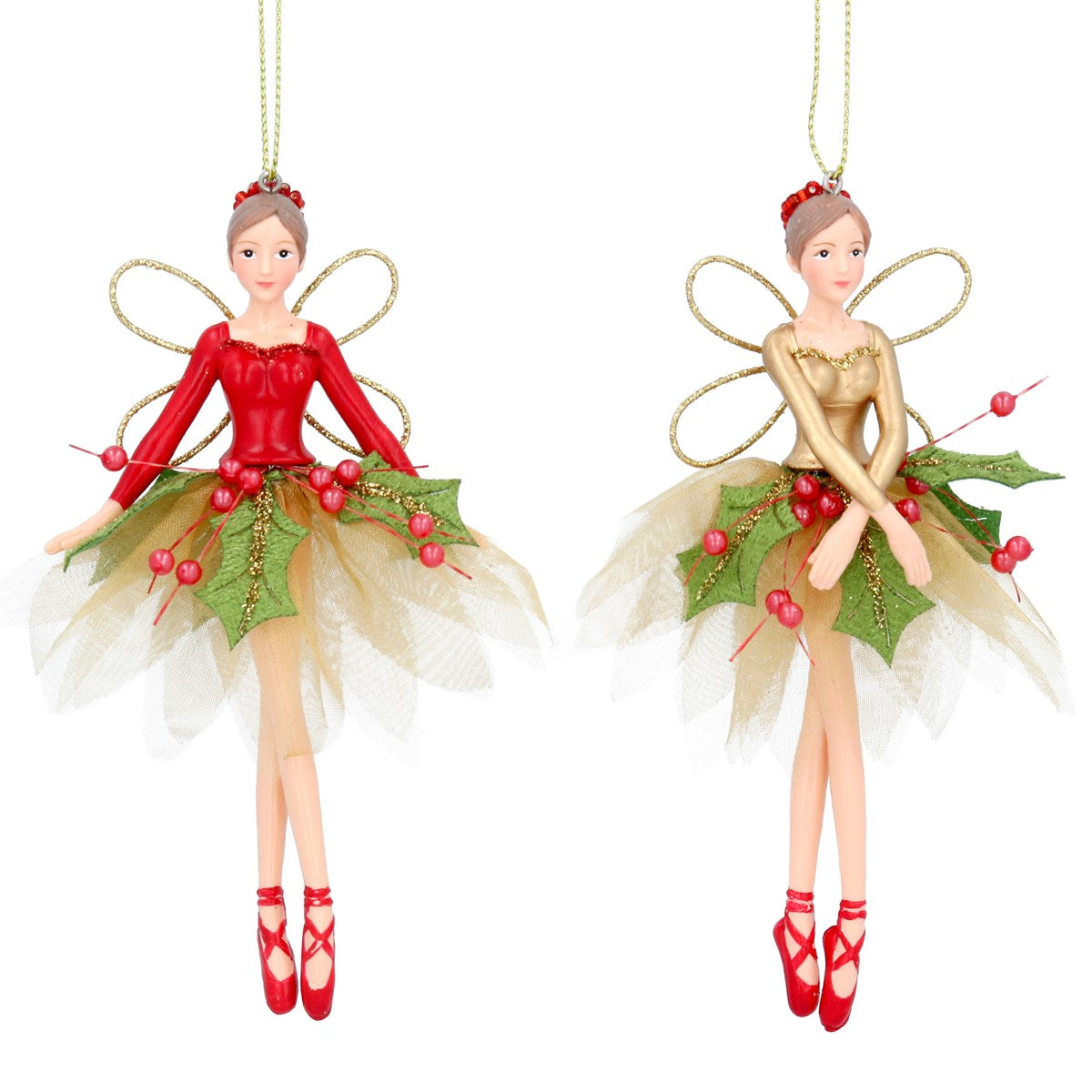 Gisela Graham - Resin Holly Fairy Christmas Hanging Decoration Single - 13cm