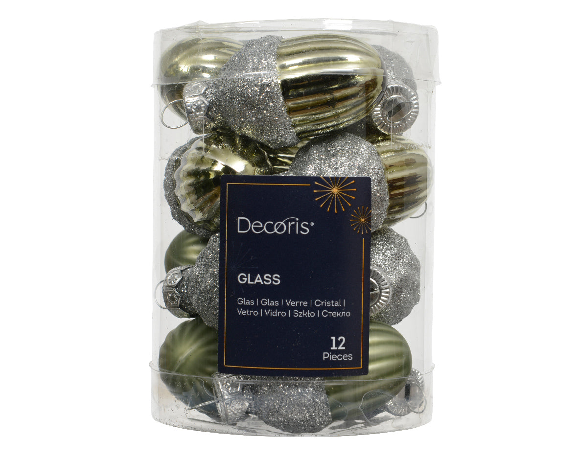Rosemary Green Acorn Glass Shiny and Matte Glitter Baubles - Box of 12