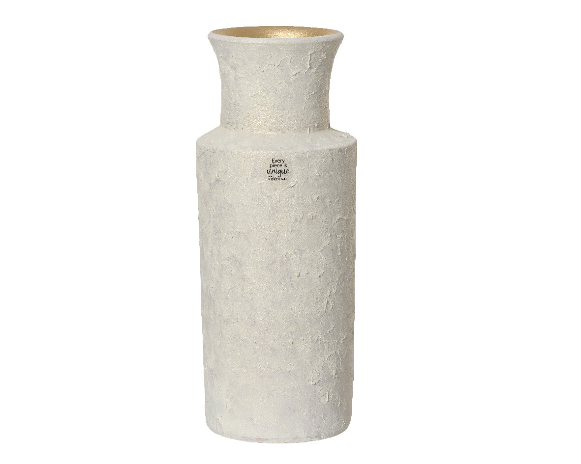 Matte Off-White Textured Terracotta Vase with Gold Lining