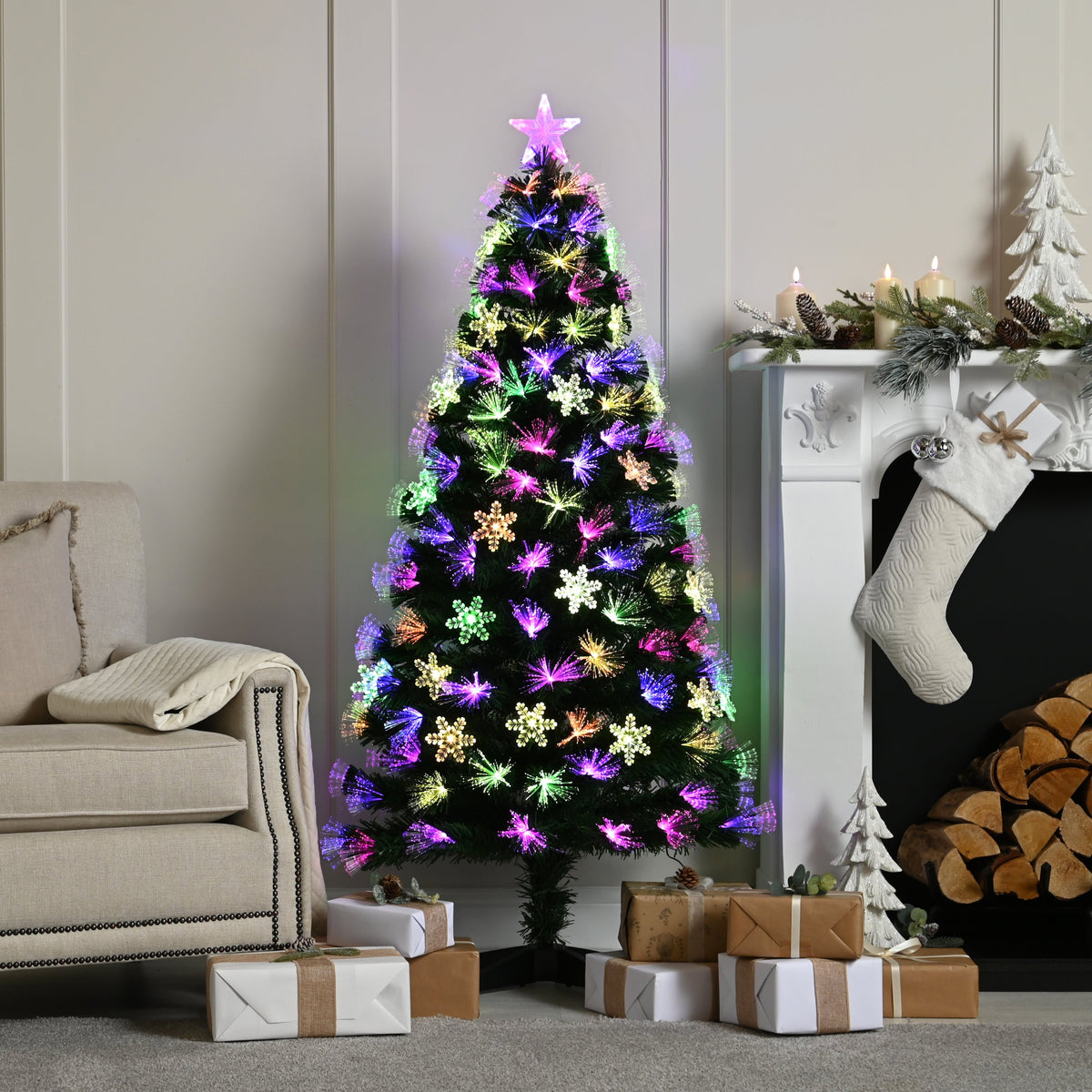 Festive Multicolour Snowflake Fibre Optic Christmas Tree LED