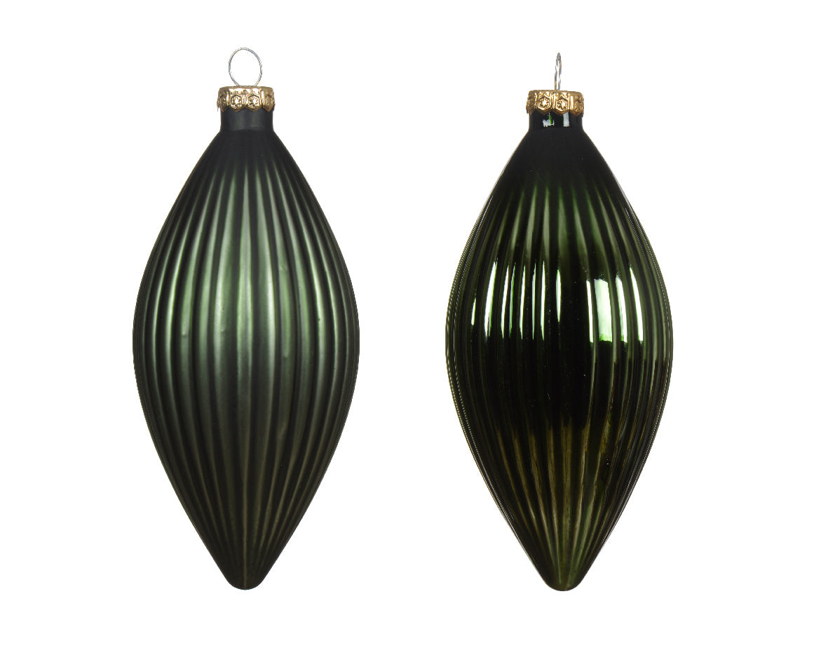 Pine Green Matt & Shiny Olive Ribbed Glass Baubles - Pack of 3