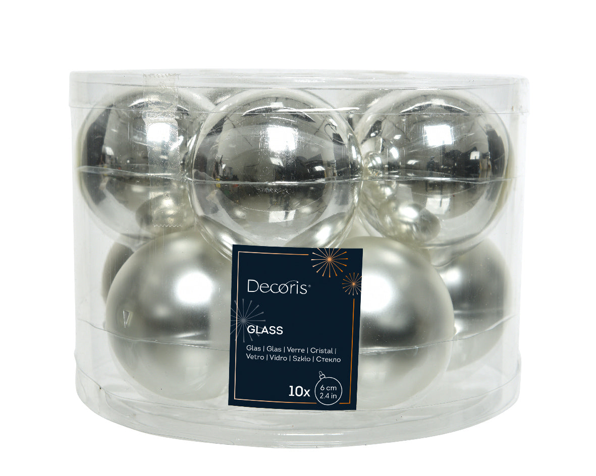 Silver Shiny & Matt Glass Baubles 6cm - Tube of 10