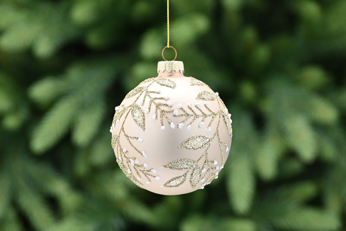 Gold Glass Bauble with Gold Glitter Leaves and White Dots - 8cm