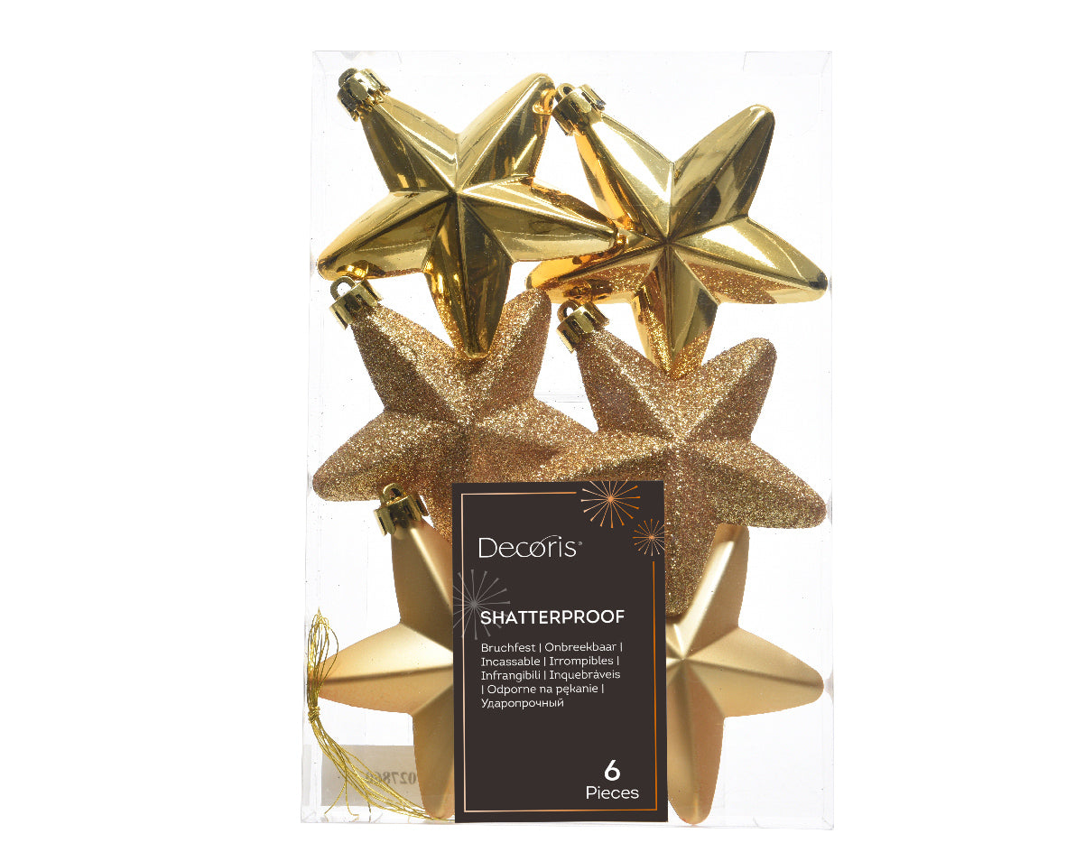 Matte & Shiny Light Gold Glitter Mix Shatterproof Star Baubles - Box of 6