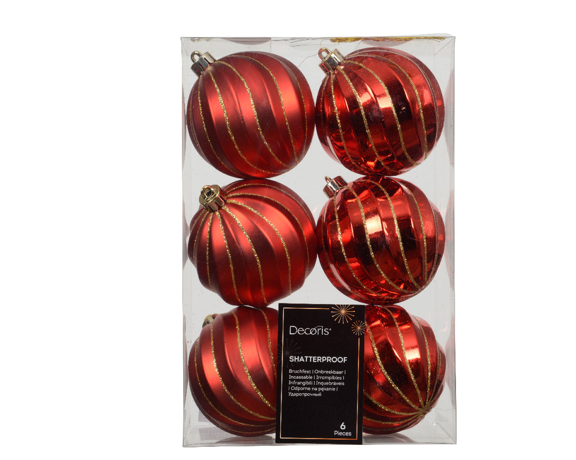 Christmas Red Textured Shatterproof Shiny and Matte Glitter Baubles - Box of 6