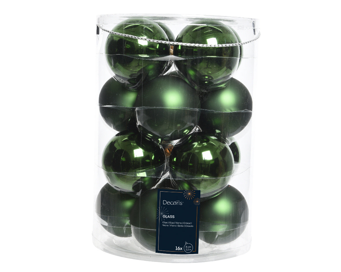 Pine Green 8cm Glass Baubles in Matt & Shiny Finish - Tube of 16