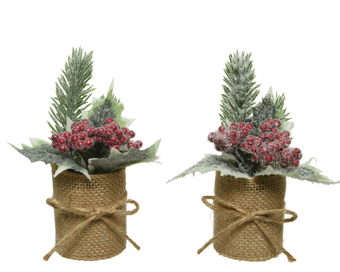 Frosted Pine Leaves with Red Berries in Jute Pot