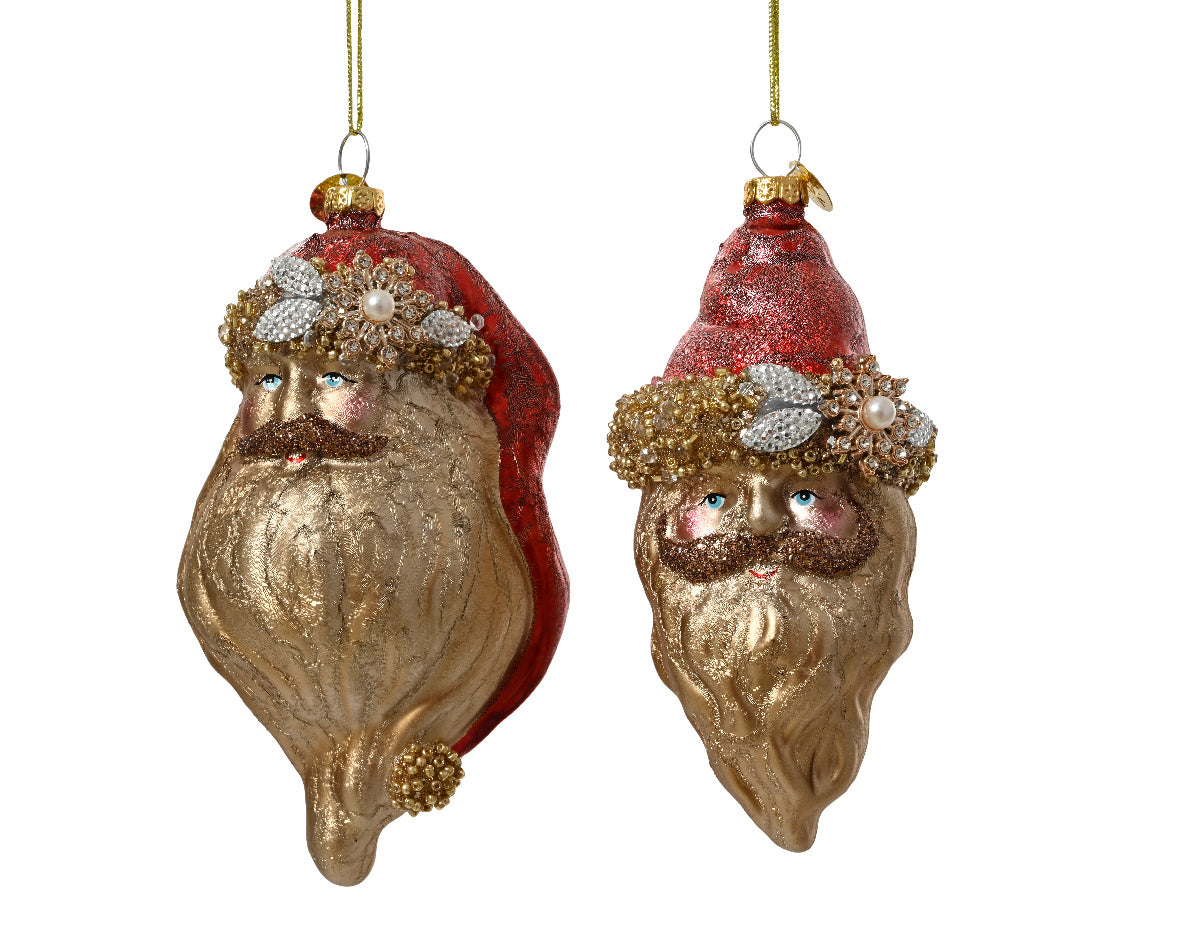 Traditional Antique Effect Santa Red & Gold Glass Bauble with Pearl Beads