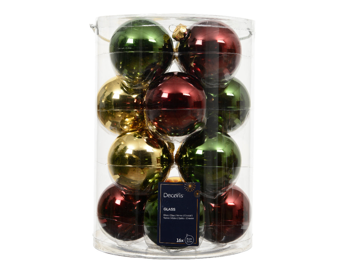 Assorted 8cm Traditional Green, Red & Gold Glass Bauble Mix - Tube of 16