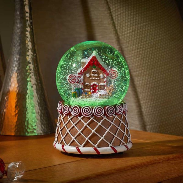 Gingerbread House Musical Light Up Candy Cane Snow Globe - 10cm