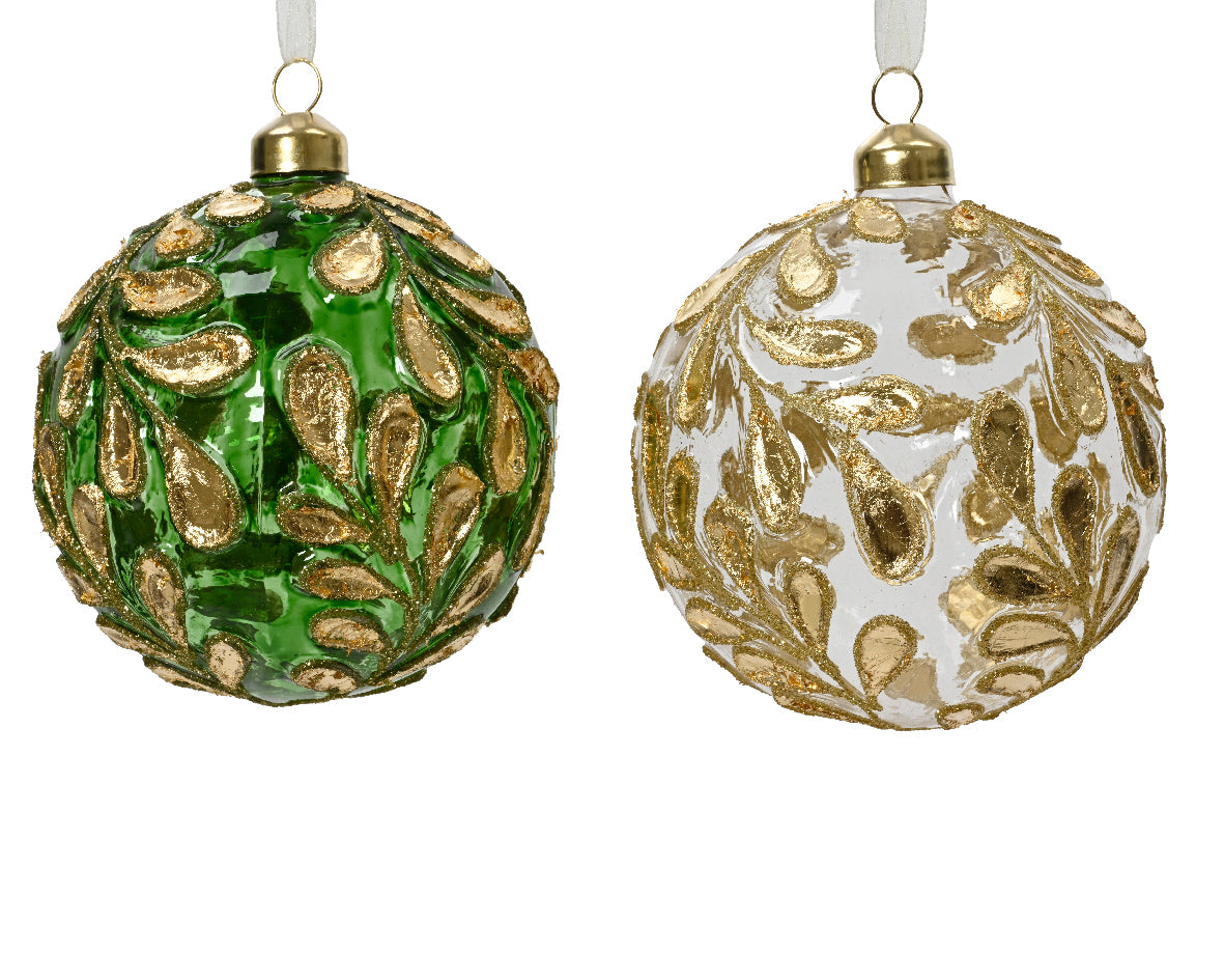 Box of 2 Vintage Glass Bauble with Gold Leaves