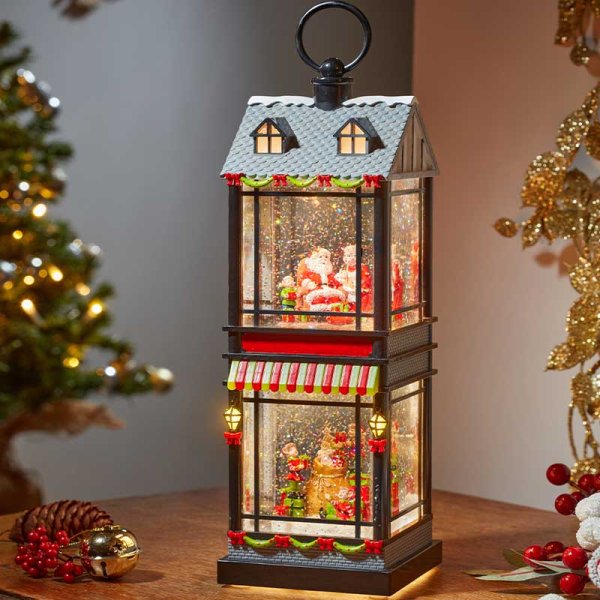SnowSwirl Santa's Home Lantern Light Up Double Glitter Water Spinner Decoration