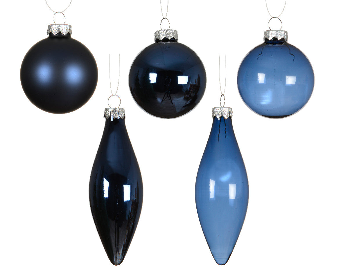 Night Blue Assorted Shaped Glass Baubles - Box of 10