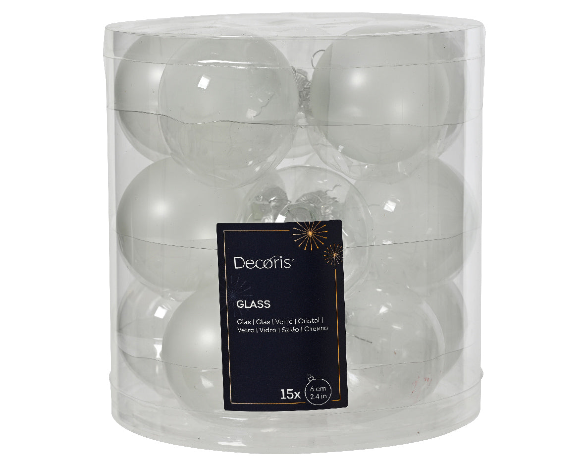 Set of 15 White/Silver Glass Unsilvered Baubles - 6cm