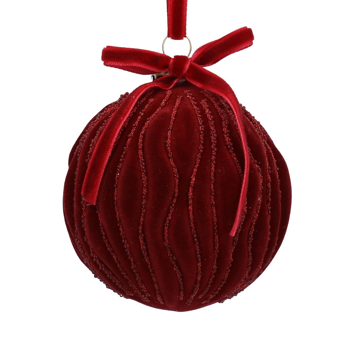 Gisela Graham - Burgundy Glass Ball Bauble with Velvet Waves- 8cm