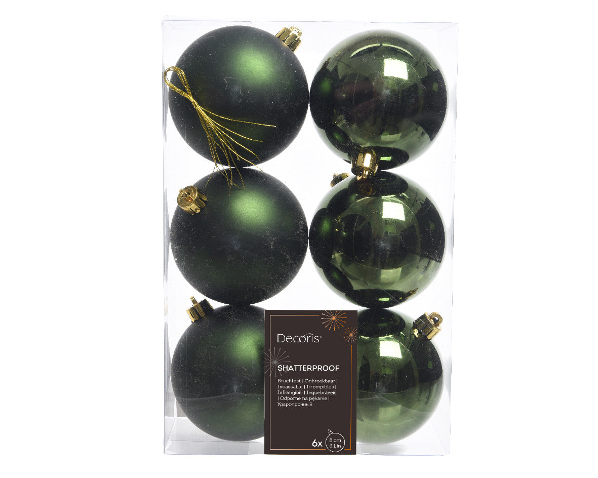 Pine Green Shatterproof Shiny and Matt Baubles - Box of 6