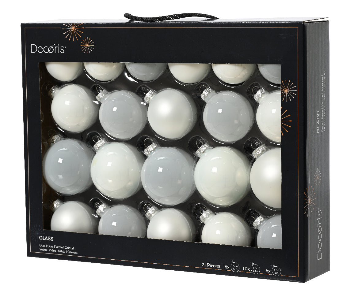 Winter White Glass Baubles - Set of 21