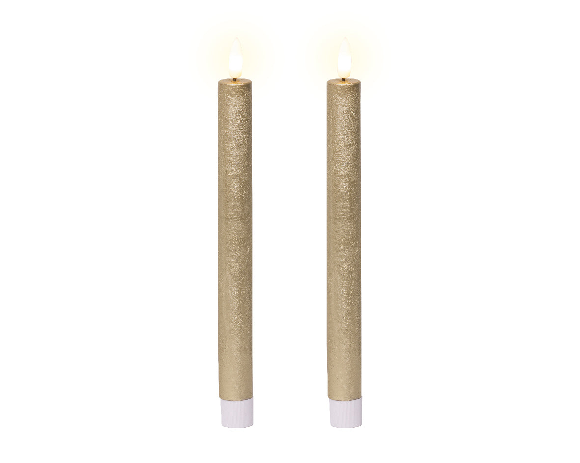 Set of 2 LED Gold Wax Dinner Candles with Flame Effect