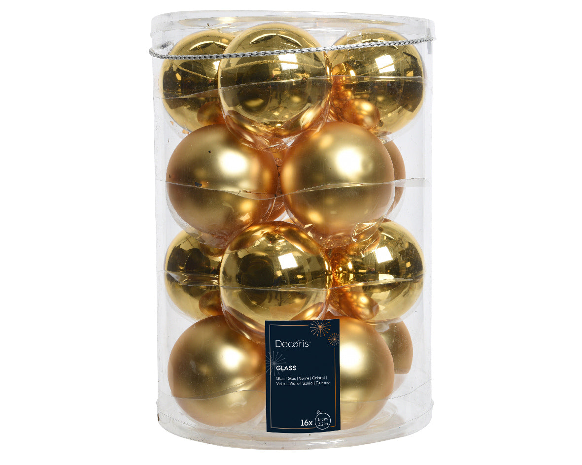 Light Gold 8cm Glass Baubles in Matt & Shiny Finish - Tube of 16
