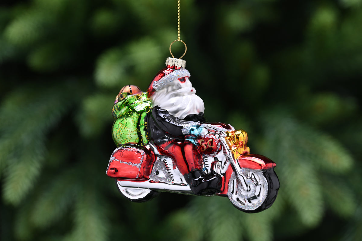 Hanging Glass Red and Green Santa On Motorbike Bauble