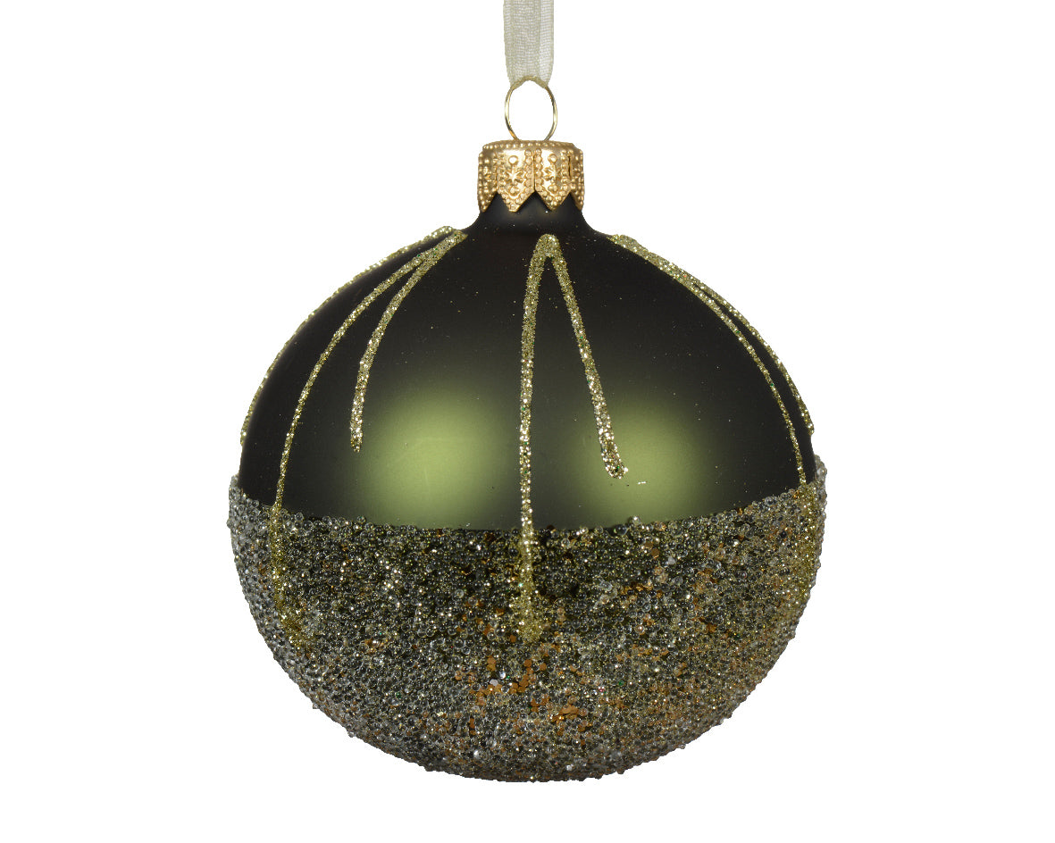 Pine Green Glass Matte Ballotine Bauble with Glitter