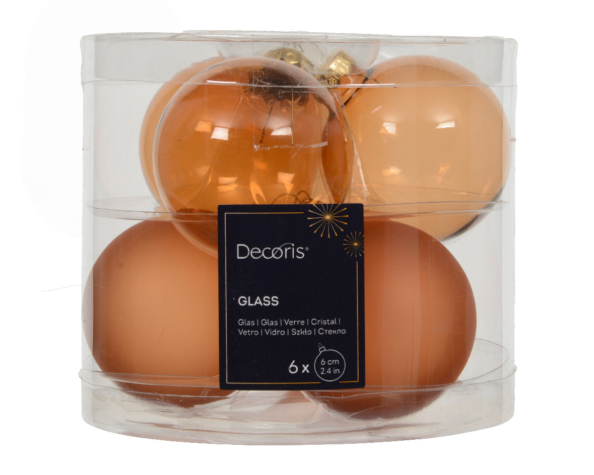 Brandy Transparent Glass Shiny & Matte Baubles 6cm - Box of 6