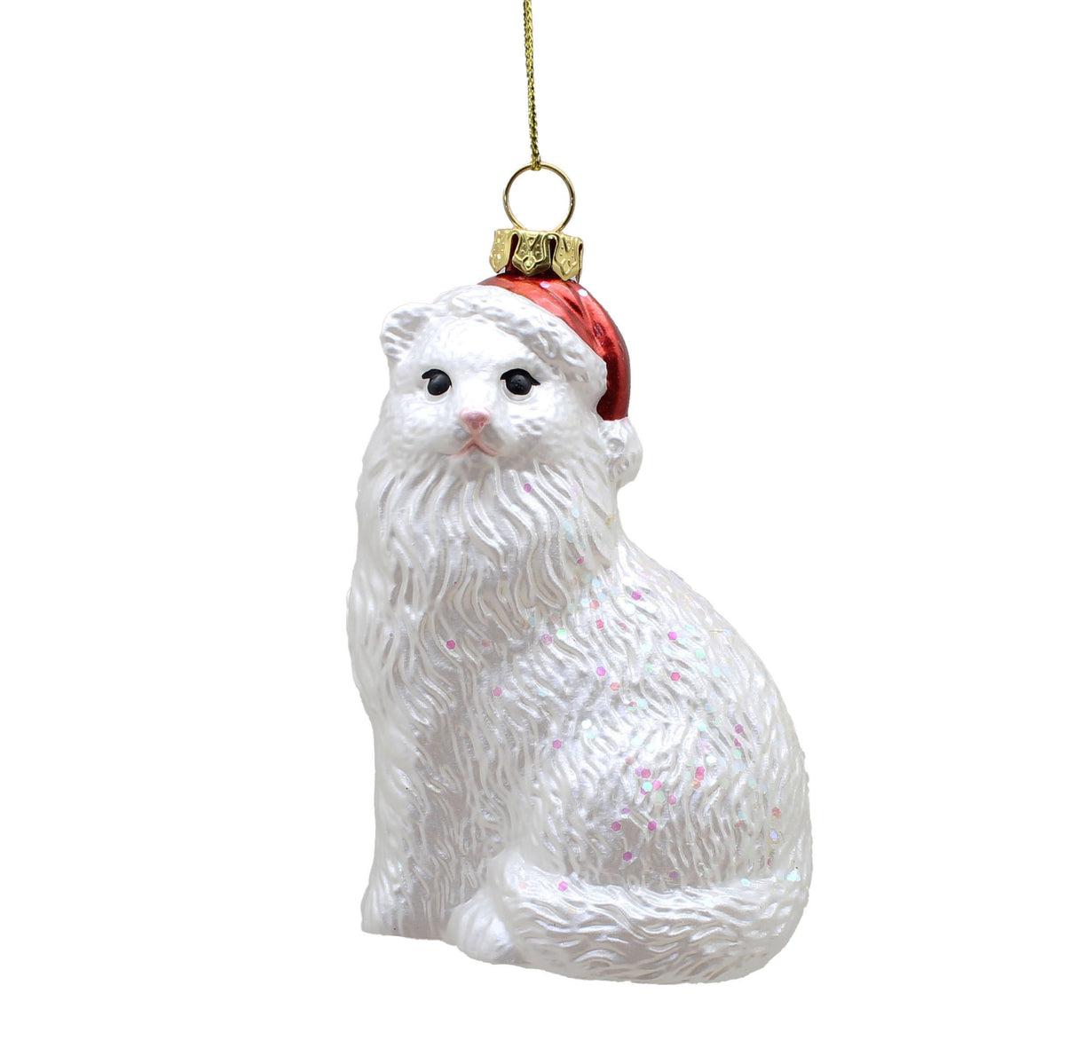 Hanging Sitting White Cat with Red Santa Hat Christmas Tree Decoration