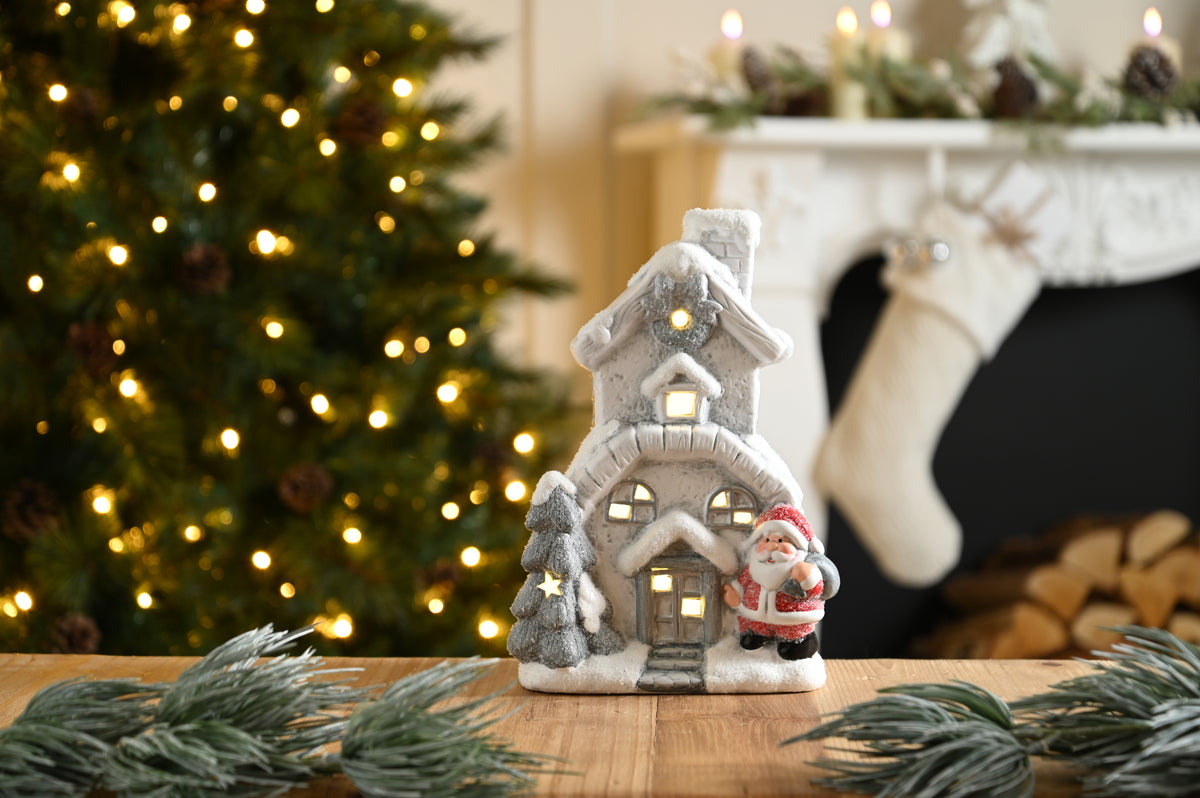 Battery Operated Light Up Grey and White Two Story House with Red Santa - 24cm
