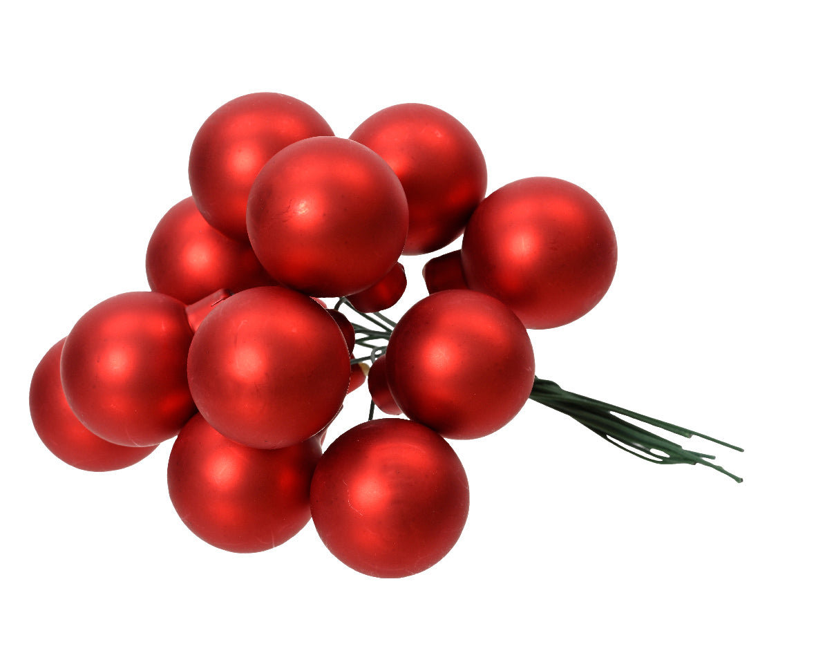 Christmas Red Mini Glass Baubles on a Wire - Bunch of 10 (2cm) - Matt Finish