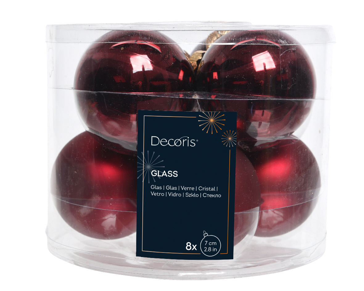 Oxblood Mixed Shiny and Matt 7cm Glass Baubles - Tube of 8