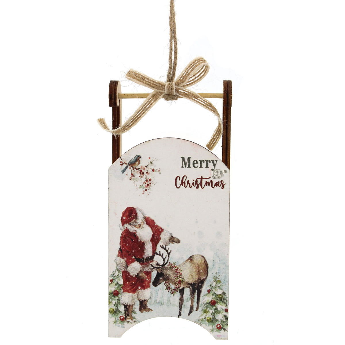 Hanging Wooden White Santa Sleigh - 13cm