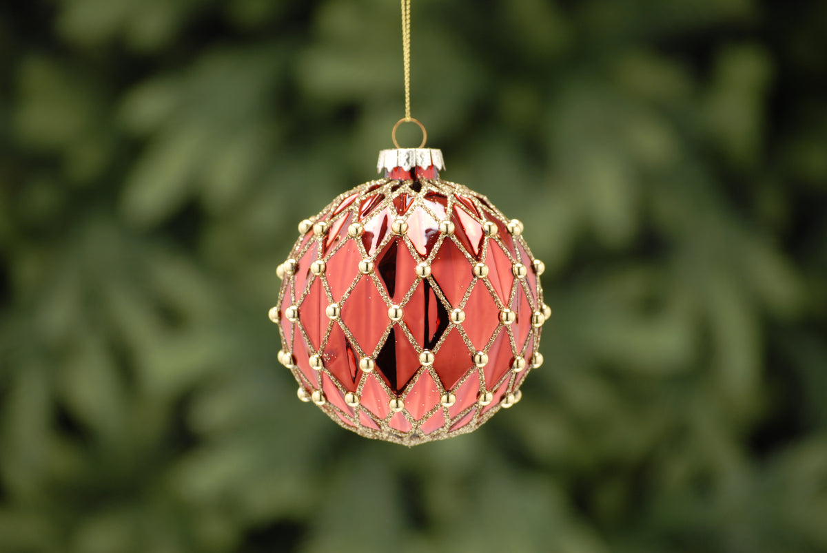 Red & Gold Glitter Gemmed Glass Christmas Bauble - 8cm