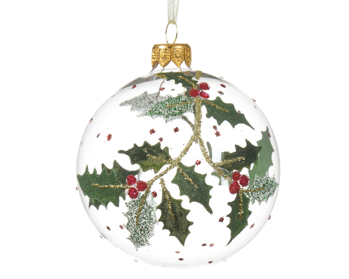 Glass Transparent Bauble with Glitter Holly